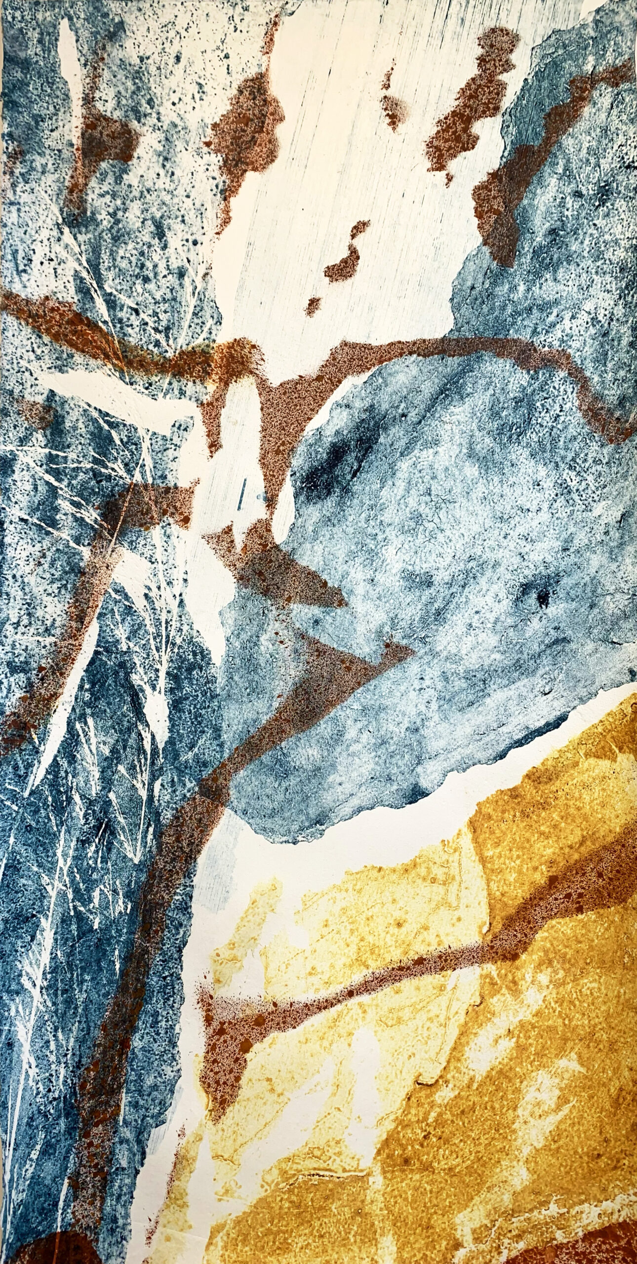 Becoming the Lake II, collagraph on paper by Angus Cameron 120 x 42 cm