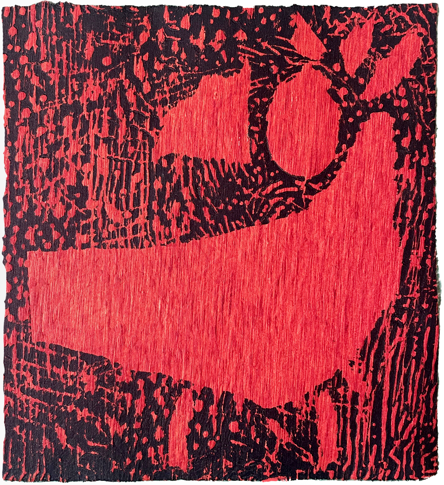Red Bird, collagraph on paper by Gus Leunig, 35 x 29 cm